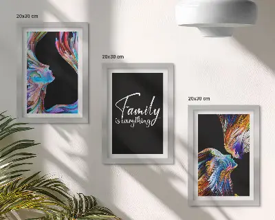 Framed triptych Portraits of people in colorful patterns and an inscription about family