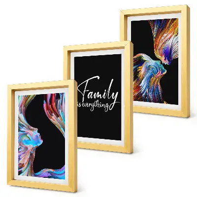 Framed triptych Portraits of people in colorful patterns and an inscription about family
