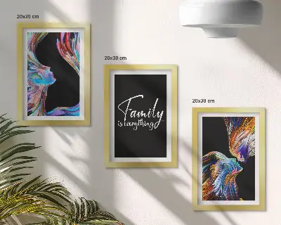 Framed triptych Portraits of people in colorful patterns and an inscription about family