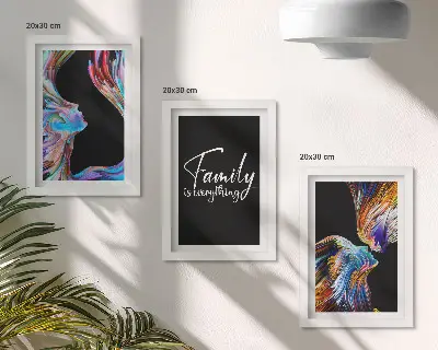 Framed triptych Portraits of people in colorful patterns and an inscription about family