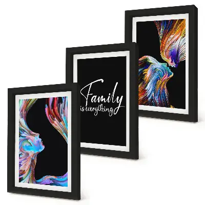 Framed triptych Portraits of people in colorful patterns and an inscription about family