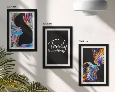 Framed triptych portraits of people in colorful patterns with a family inscription