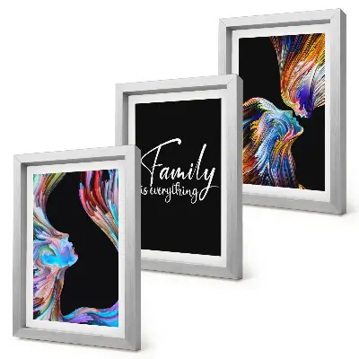 Framed triptych portraits of people in colorful patterns with a family inscription