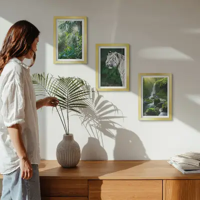 3-piece wall art set featuring a jungle landscape with a white tiger and a wild waterfall