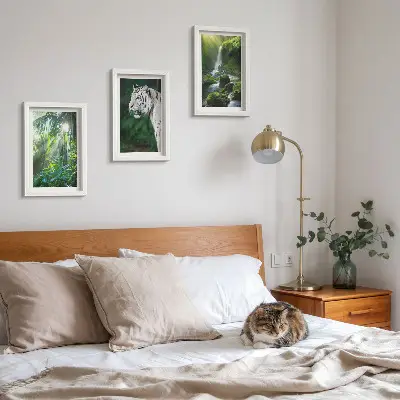 3-piece wall art set featuring a jungle landscape with a white tiger and a wild waterfall