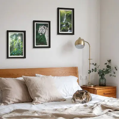 3-piece wall art set featuring a jungle landscape with a white tiger and a wild waterfall
