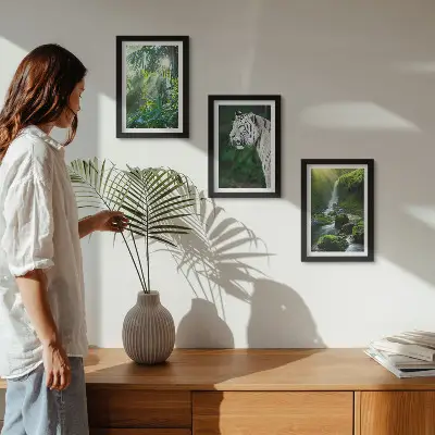 3-piece wall art set featuring a jungle landscape with a white tiger and a wild waterfall