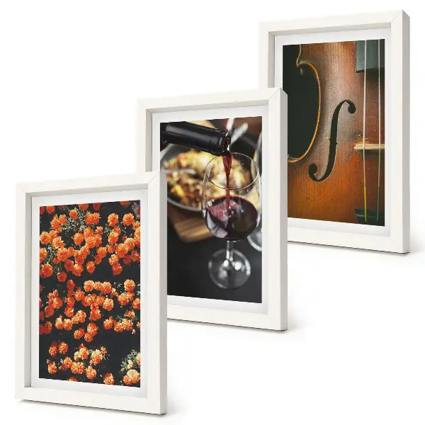 Photo frame wall with a vintage romantic design of flowers, wine, and a violin