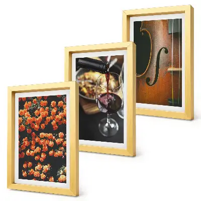 Photo frame wall with a vintage romantic design of flowers, wine, and a violin
