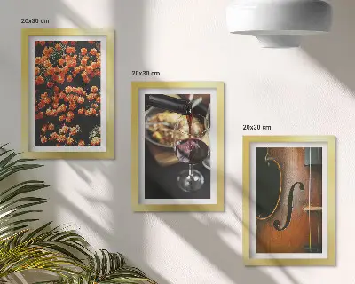 Photo frame wall with a vintage romantic design of flowers, wine, and a violin