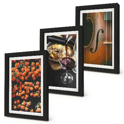 Photo frame wall with a vintage romantic design of flowers, wine, and a violin
