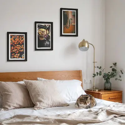 Photo frame wall with a vintage romantic design of flowers, wine, and a violin