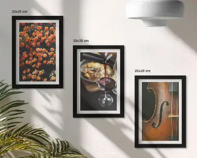 Photo frame wall with a vintage romantic design of flowers, wine, and a violin