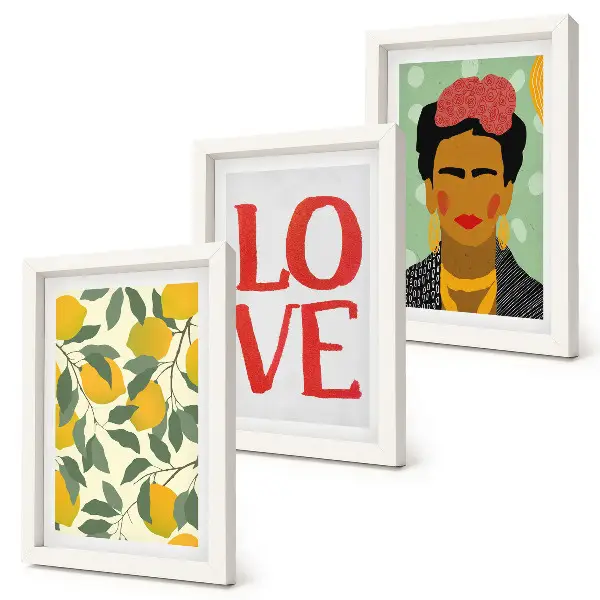 Frida Kahlo portrait triptych with lemons and LOVE inscription framed wall art