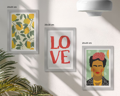 Framed triptych Lemons with the inscription LOVE painted portrait of Frida Kahlo