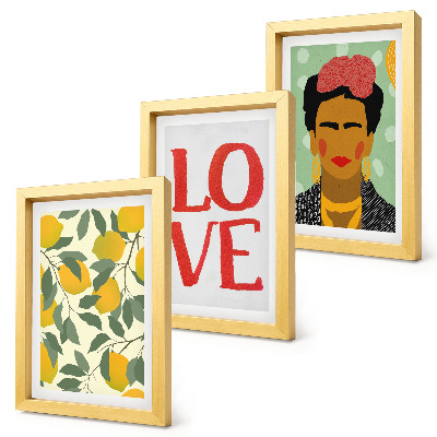 Framed triptych Lemons with the inscription LOVE painted portrait of Frida Kahlo