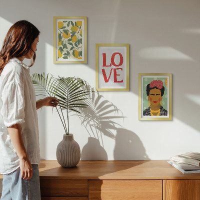 Framed triptych Lemons with the inscription LOVE painted portrait of Frida Kahlo