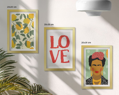 Framed triptych Lemons with the inscription LOVE painted portrait of Frida Kahlo