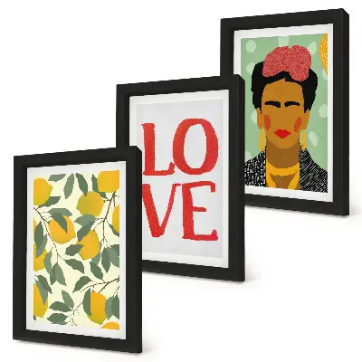 Frida Kahlo portrait triptych with lemons and LOVE inscription framed wall art
