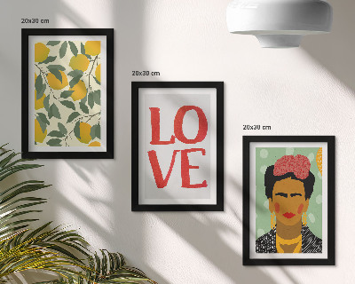 Framed triptych Lemons with the inscription LOVE painted portrait of Frida Kahlo