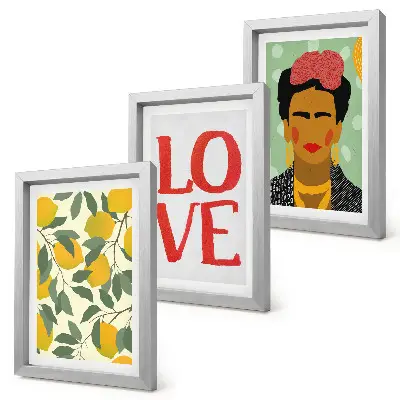 Frida Kahlo portrait triptych with lemons and LOVE inscription framed wall art