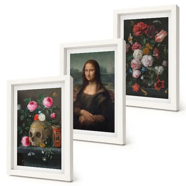 3-piece wall art set featuring a vintage floral skull and Leonardo da Vinci's Mona Lisa