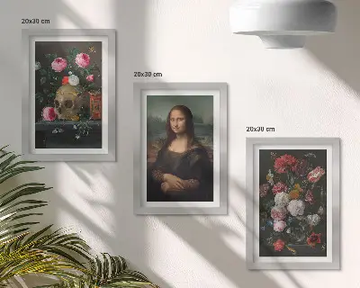 3-piece wall art set featuring a vintage floral skull and Leonardo da Vinci's Mona Lisa