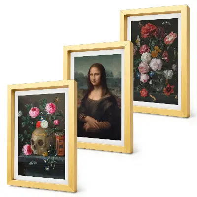 3-piece wall art set featuring a vintage floral skull and Leonardo da Vinci's Mona Lisa