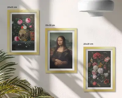 3-piece wall art set featuring a vintage floral skull and Leonardo da Vinci's Mona Lisa