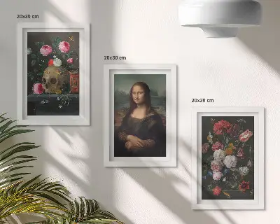 3-piece wall art set featuring a vintage floral skull and Leonardo da Vinci's Mona Lisa