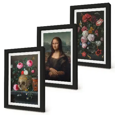 3-piece wall art set featuring a vintage floral skull and Leonardo da Vinci's Mona Lisa