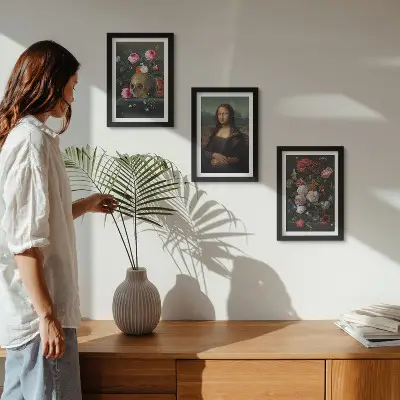 3-piece wall art set featuring a vintage floral skull and Leonardo da Vinci's Mona Lisa