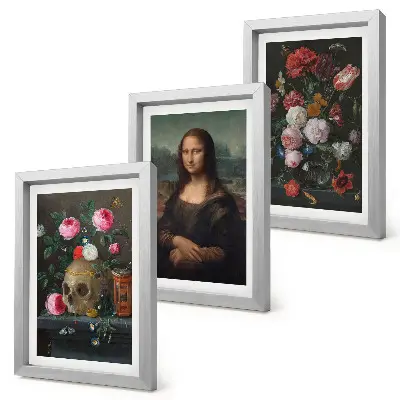3-piece wall art set featuring a vintage floral skull and Leonardo da Vinci's Mona Lisa