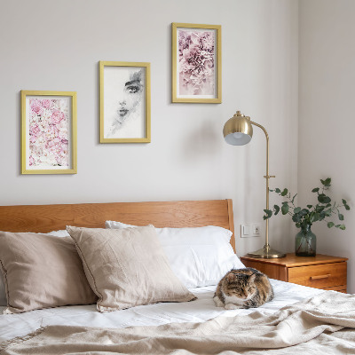 Framed triptych Delicate peonies black and white portrait of a woman