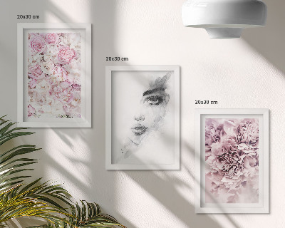 Framed triptych Delicate peonies black and white portrait of a woman