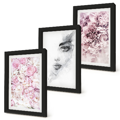 Framed triptych Delicate peonies black and white portrait of a woman