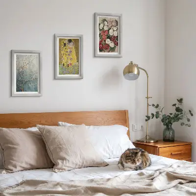 3-piece wall art set featuring flowers and trees in the painting style of The Kiss by Gustav Klimt