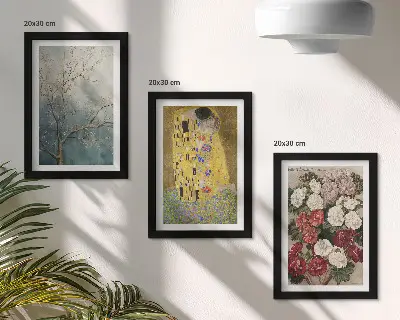 3-piece wall art set featuring flowers and trees in the painting style of The Kiss by Gustav Klimt