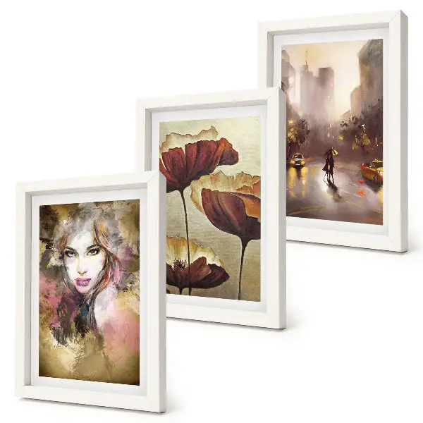 Abstract portrait of a woman with flowers and a city in the rain framed triptych