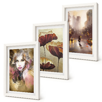 Framed triptych Abstract portrait of a woman, flowers, city in the rain