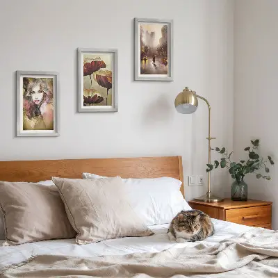 Abstract portrait of a woman with flowers and a city in the rain framed triptych
