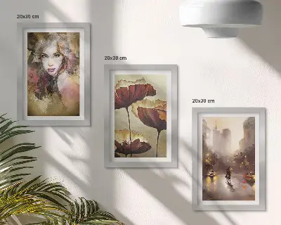 Abstract portrait of a woman with flowers and a city in the rain framed triptych