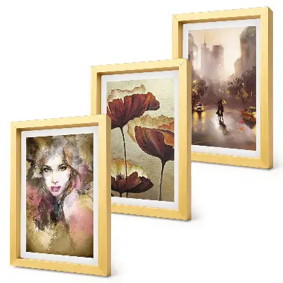 Abstract portrait of a woman with flowers and a city in the rain framed triptych