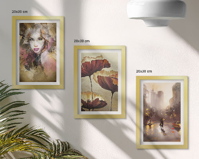 Framed triptych Abstract portrait of a woman, flowers, city in the rain