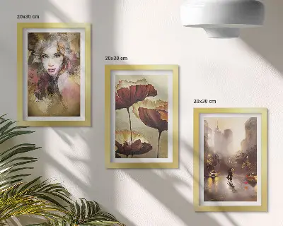 Abstract portrait of a woman with flowers and a city in the rain framed triptych