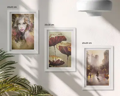 Abstract portrait of a woman with flowers and a city in the rain framed triptych