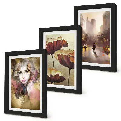 Abstract portrait of a woman with flowers and a city in the rain framed triptych
