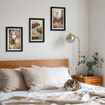 Abstract portrait of a woman with flowers and a city in the rain framed triptych