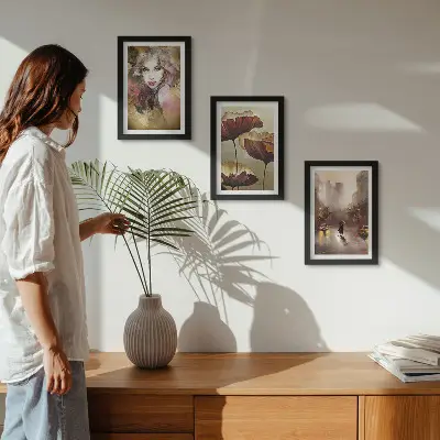 Abstract portrait of a woman with flowers and a city in the rain framed triptych
