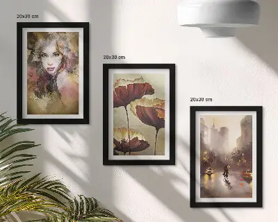 Abstract portrait of a woman with flowers and a city in the rain framed triptych
